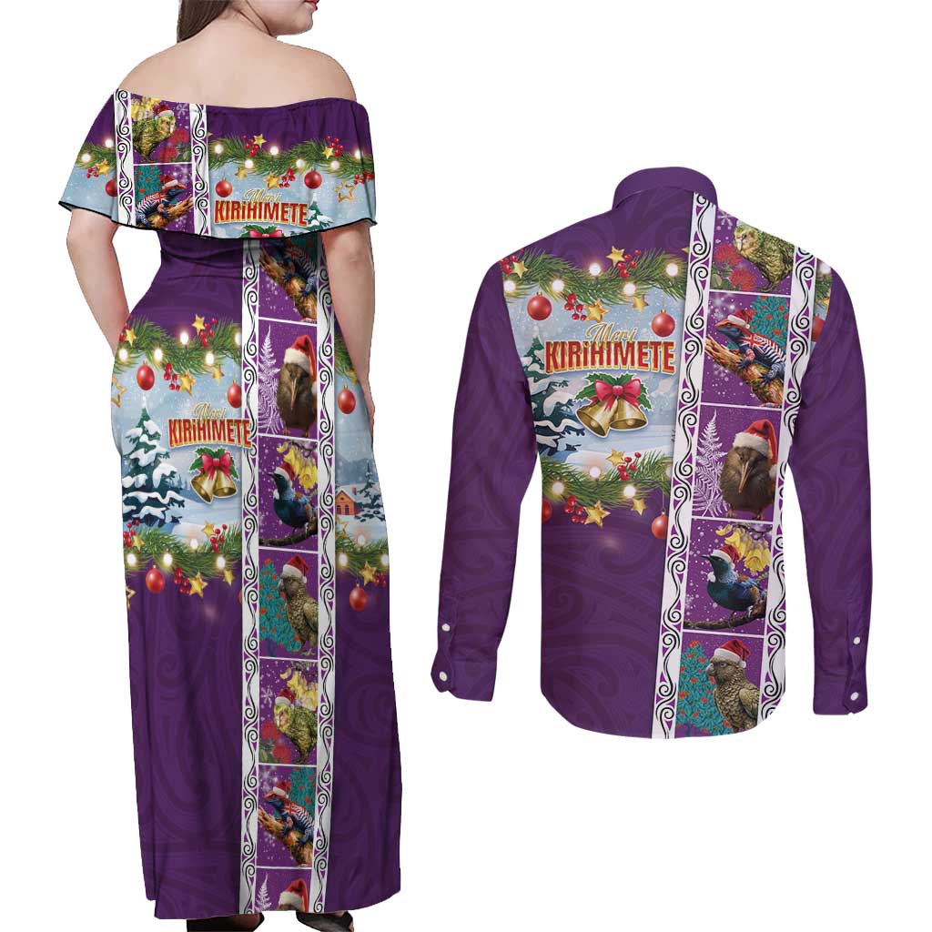 New Zealand Merry Christmas Couples Matching Off Shoulder Maxi Dress and Long Sleeve Button Shirt Maori Animals, Koru Tattoo - Purple Xmas Style LT03 - Polynesian Pride