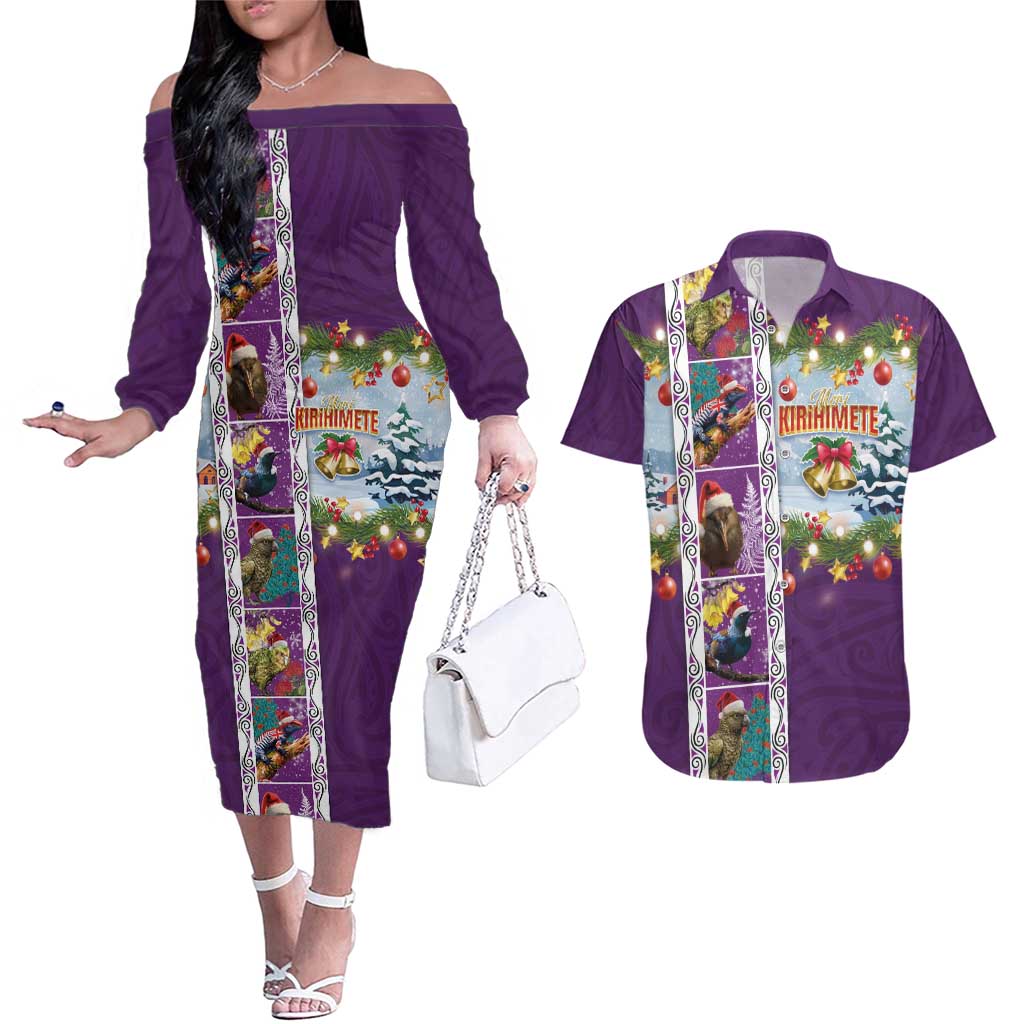 New Zealand Merry Christmas Couples Matching Off The Shoulder Long Sleeve Dress and Hawaiian Shirt Maori Animals, Koru Tattoo - Purple Xmas Style LT03 Purple - Polynesian Pride
