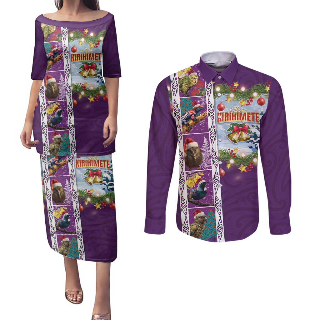 New Zealand Merry Christmas Couples Matching Puletasi and Long Sleeve Button Shirt Maori Animals, Koru Tattoo - Purple Xmas Style LT03 Purple - Polynesian Pride