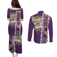 New Zealand Merry Christmas Couples Matching Puletasi and Long Sleeve Button Shirt Maori Animals, Koru Tattoo - Purple Xmas Style LT03 - Polynesian Pride