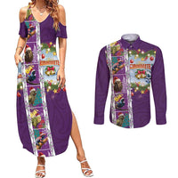 New Zealand Merry Christmas Couples Matching Summer Maxi Dress and Long Sleeve Button Shirt Maori Animals, Koru Tattoo - Purple Xmas Style LT03 Purple - Polynesian Pride