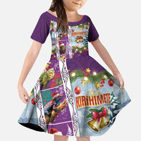 New Zealand Merry Christmas Family Matching Long Sleeve Bodycon Dress and Hawaiian Shirt Maori Animals, Koru Tattoo - Purple Xmas Style LT03 Daughter's Dress Purple - Polynesian Pride