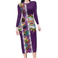 New Zealand Merry Christmas Family Matching Long Sleeve Bodycon Dress and Hawaiian Shirt Maori Animals, Koru Tattoo - Purple Xmas Style LT03 Mom's Dress Purple - Polynesian Pride