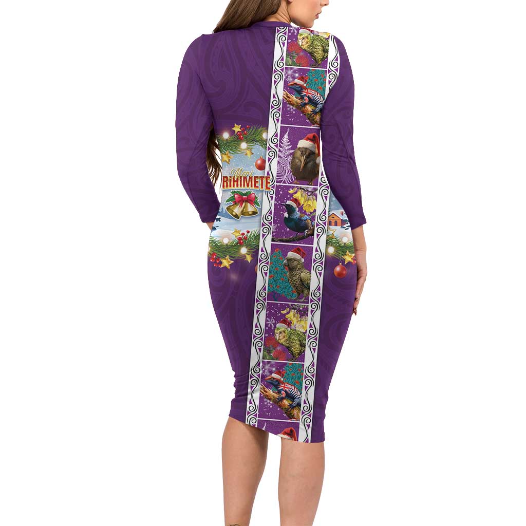 New Zealand Merry Christmas Family Matching Long Sleeve Bodycon Dress and Hawaiian Shirt Maori Animals, Koru Tattoo - Purple Xmas Style LT03 - Polynesian Pride