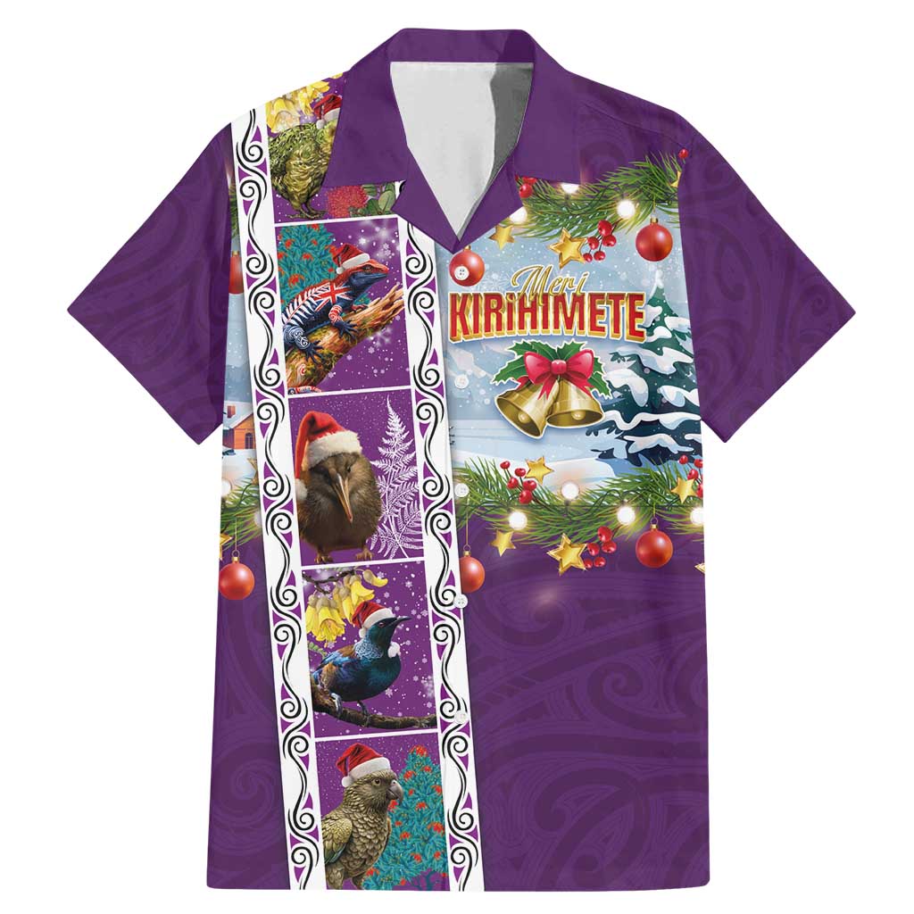 New Zealand Merry Christmas Family Matching Mermaid Dress and Hawaiian Shirt Maori Animals, Koru Tattoo - Purple Xmas Style LT03 Dad's Shirt - Short Sleeve Purple - Polynesian Pride