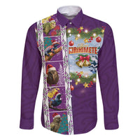 New Zealand Merry Christmas Family Matching Mermaid Dress and Hawaiian Shirt Maori Animals, Koru Tattoo - Purple Xmas Style LT03 Dad's Shirt - Long Sleeve Purple - Polynesian Pride