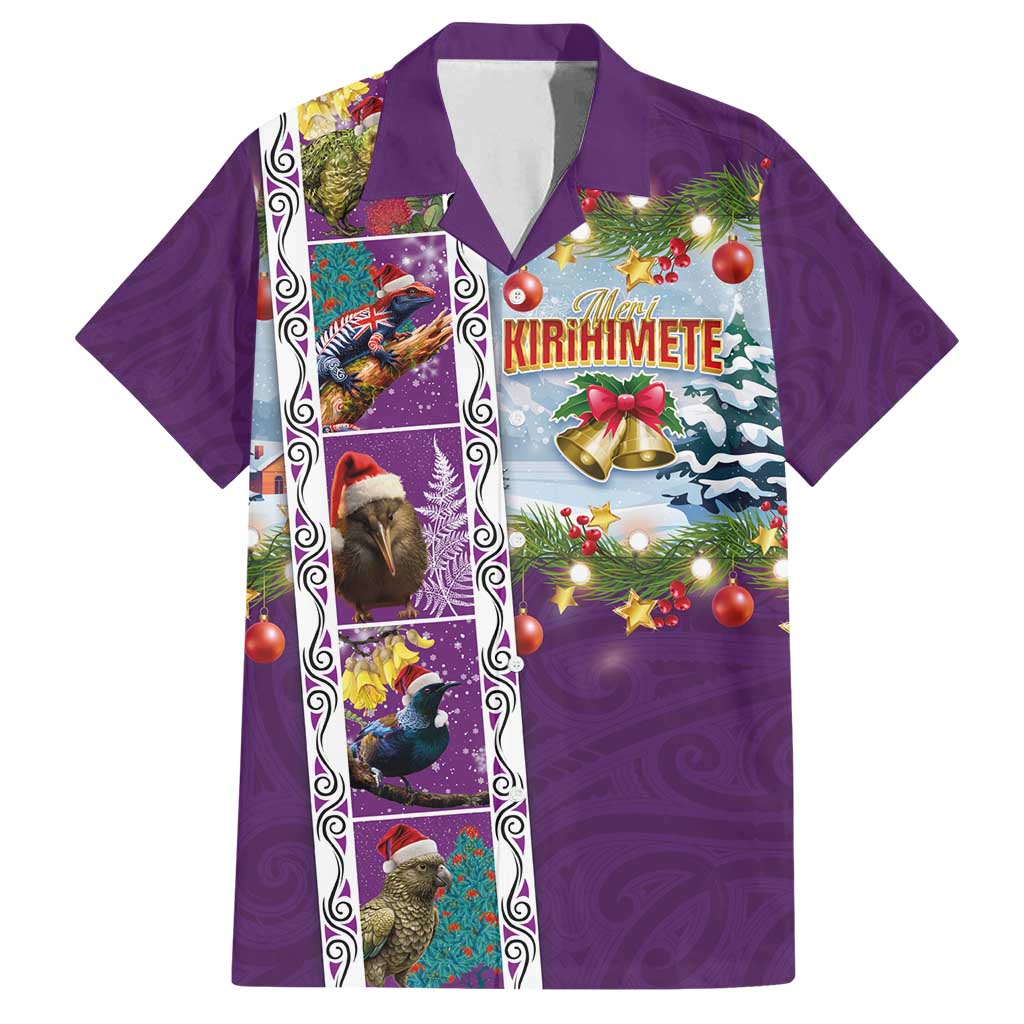 New Zealand Merry Christmas Family Matching Puletasi and Hawaiian Shirt Maori Animals, Koru Tattoo - Purple Xmas Style LT03 Dad's Shirt - Short Sleeve Purple - Polynesian Pride