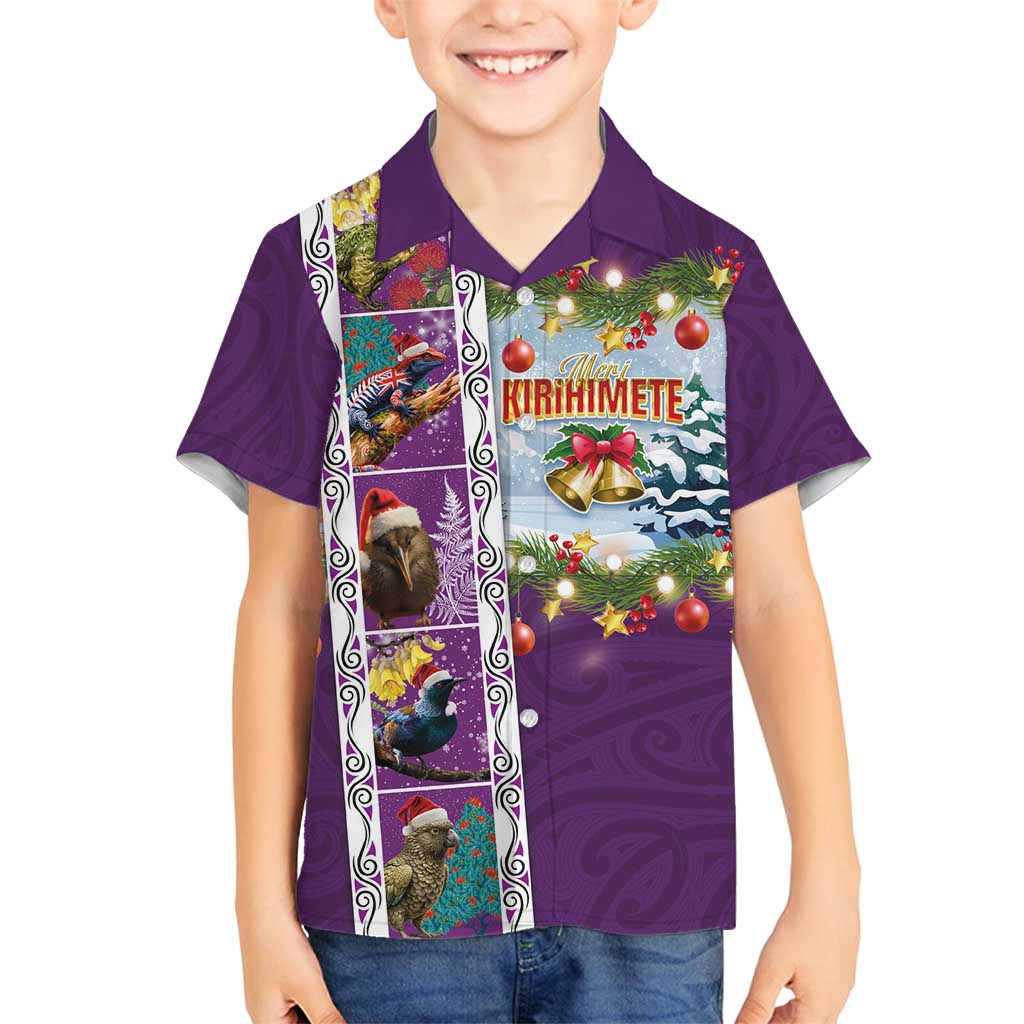 New Zealand Merry Christmas Family Matching Puletasi and Hawaiian Shirt Maori Animals, Koru Tattoo - Purple Xmas Style LT03 Son's Shirt Purple - Polynesian Pride
