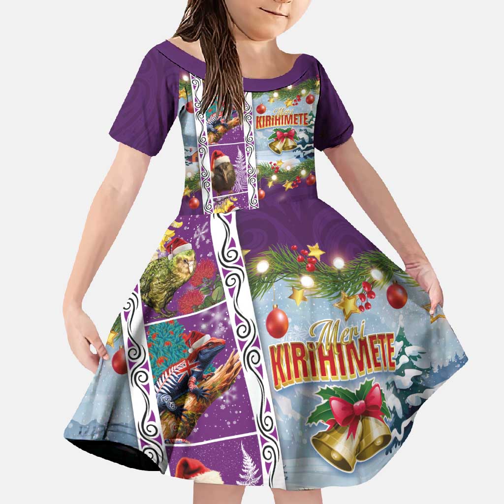 New Zealand Merry Christmas Family Matching Short Sleeve Bodycon Dress and Hawaiian Shirt Maori Animals, Koru Tattoo - Purple Xmas Style LT03 Daughter's Dress Purple - Polynesian Pride