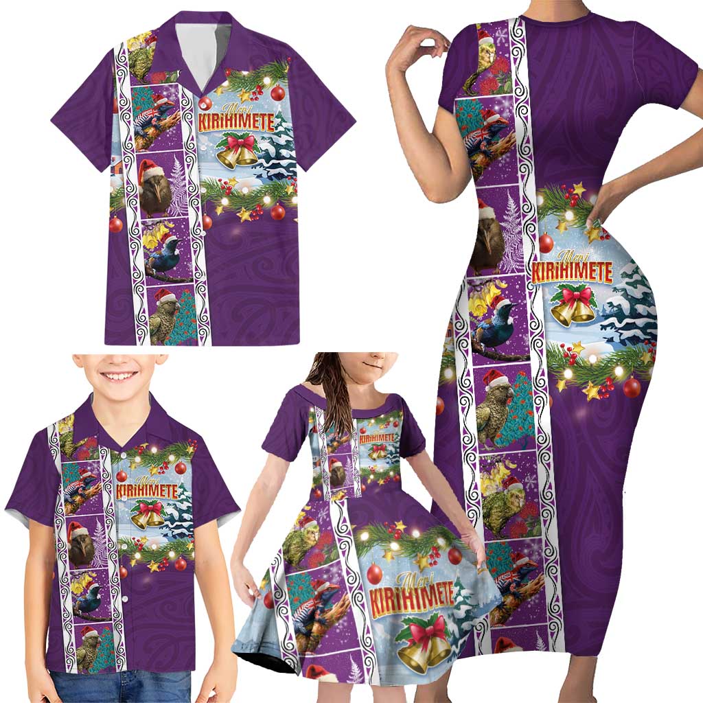 New Zealand Merry Christmas Family Matching Short Sleeve Bodycon Dress and Hawaiian Shirt Maori Animals, Koru Tattoo - Purple Xmas Style LT03 - Polynesian Pride