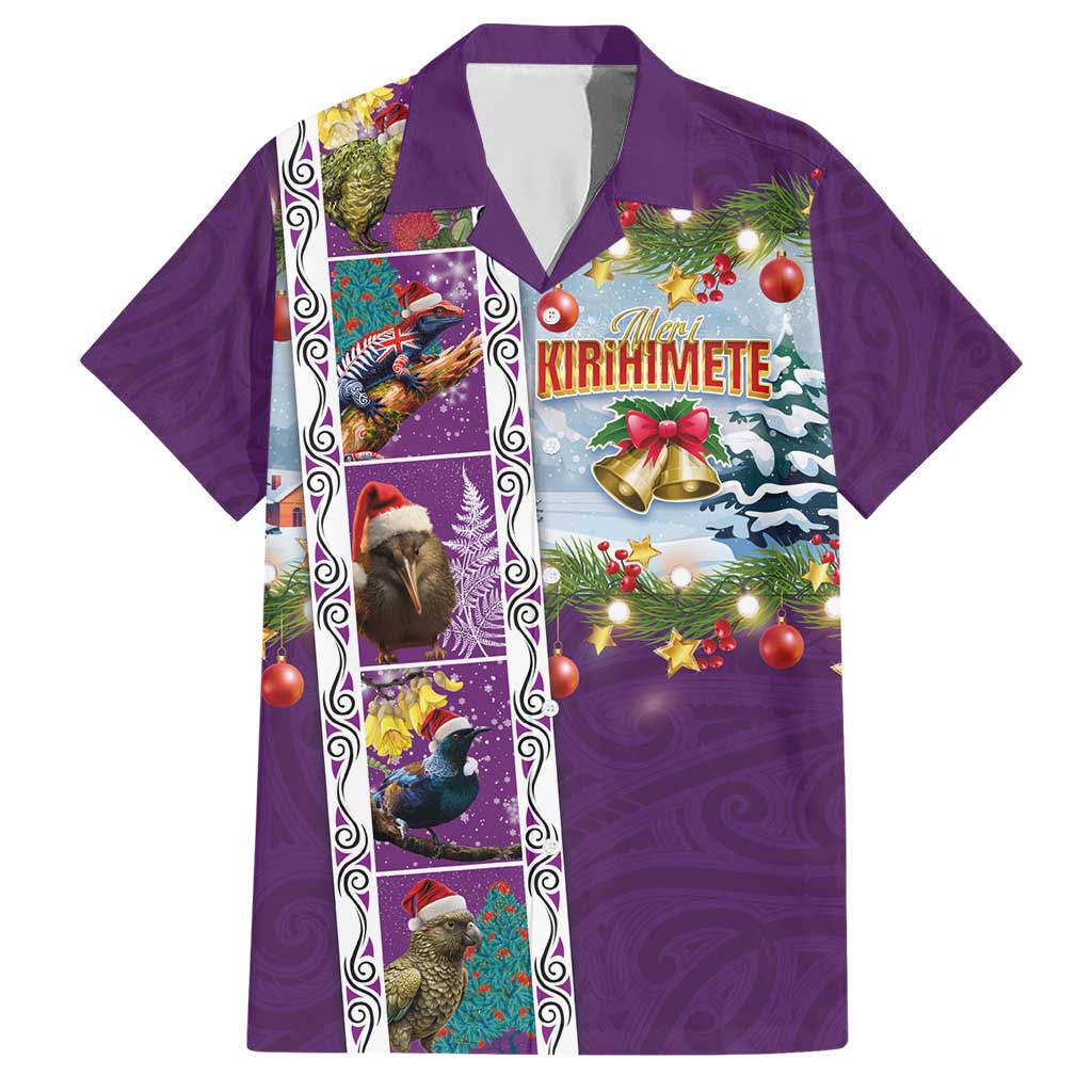 New Zealand Merry Christmas Family Matching Short Sleeve Bodycon Dress and Hawaiian Shirt Maori Animals, Koru Tattoo - Purple Xmas Style LT03 Dad's Shirt - Short Sleeve Purple - Polynesian Pride