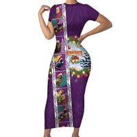 New Zealand Merry Christmas Family Matching Short Sleeve Bodycon Dress and Hawaiian Shirt Maori Animals, Koru Tattoo - Purple Xmas Style LT03 Mom's Dress Purple - Polynesian Pride