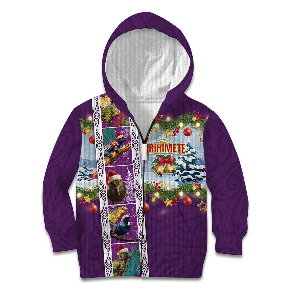 New Zealand Merry Christmas Kid Hoodie Maori Animals, Koru Tattoo - Purple Xmas Style