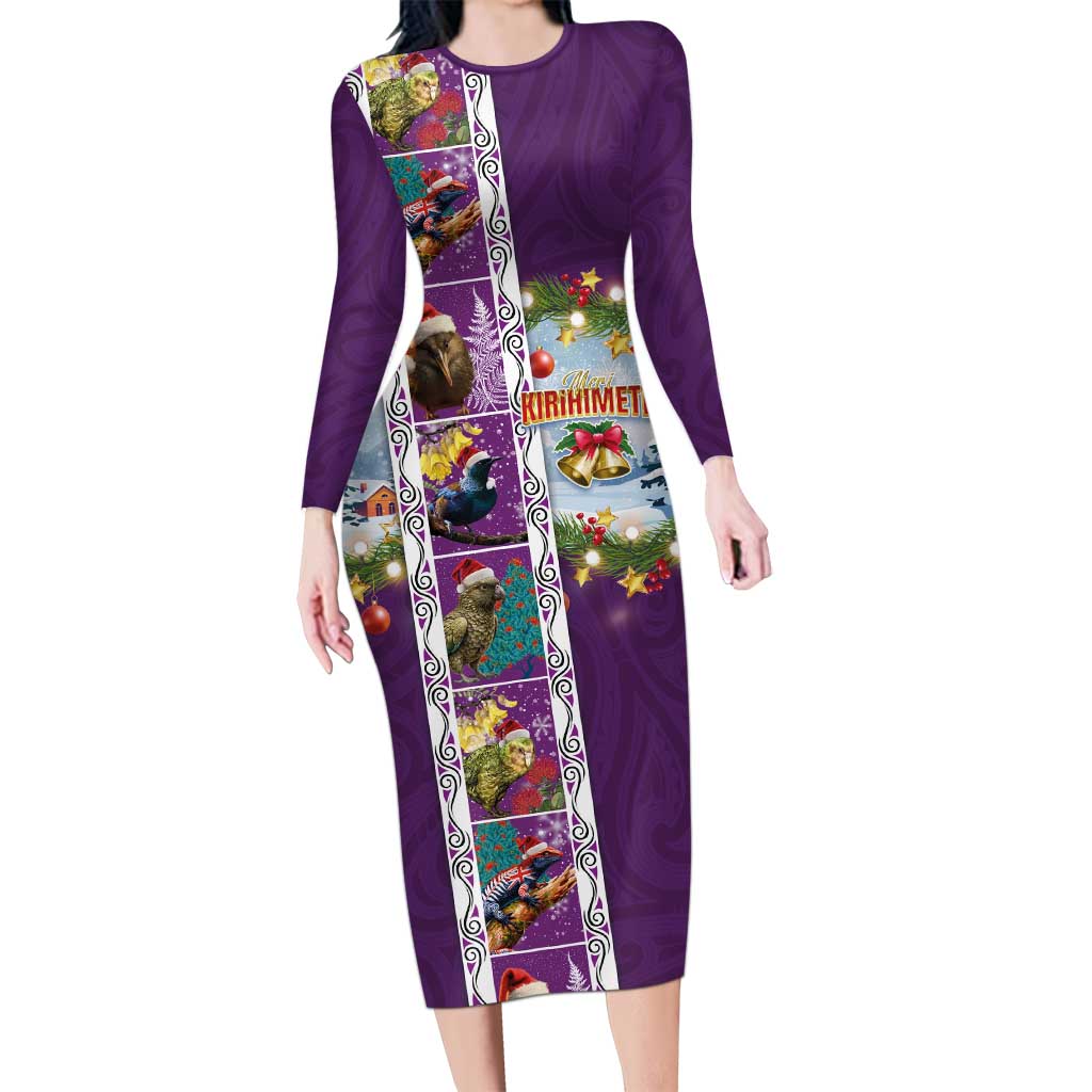 New Zealand Merry Christmas Long Sleeve Bodycon Dress Maori Animals, Koru Tattoo - Purple Xmas Style LT03 Long Dress Purple - Polynesian Pride