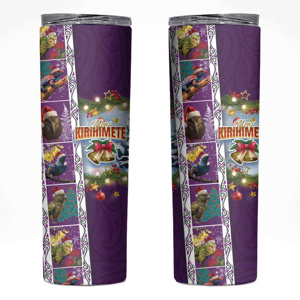 New Zealand Merry Christmas Skinny Tumbler Maori Animals Xmas Style and Koru Tattoo Purple Color