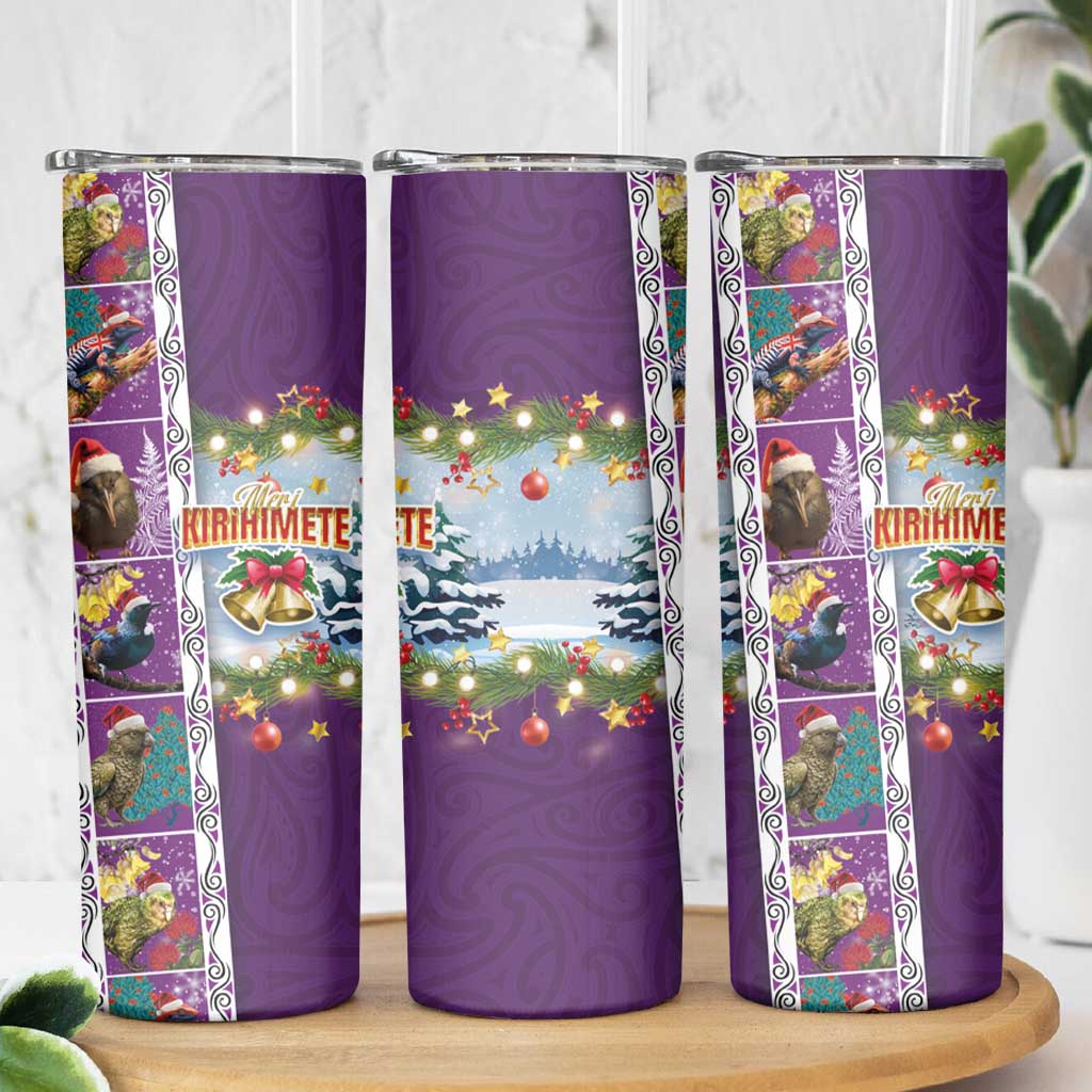 New Zealand Merry Christmas Skinny Tumbler Maori Animals Xmas Style and Koru Tattoo Purple Color