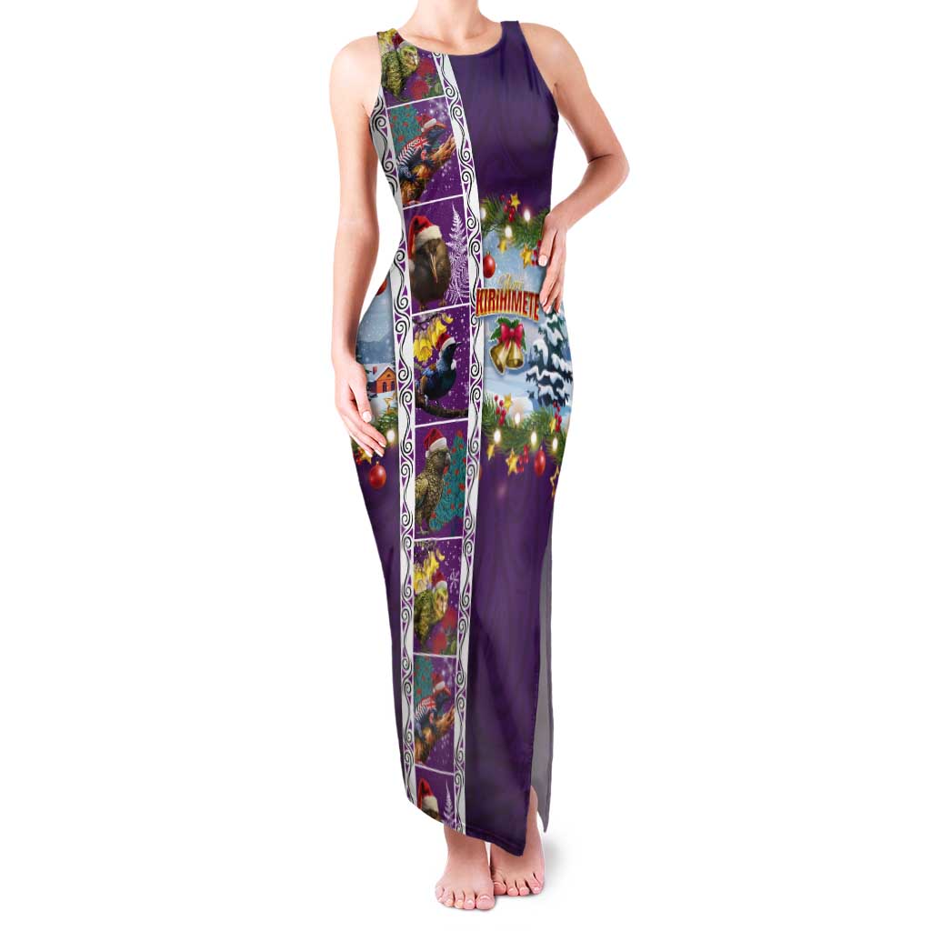 New Zealand Merry Christmas Tank Maxi Dress Maori Animals, Koru Tattoo - Purple Xmas Style