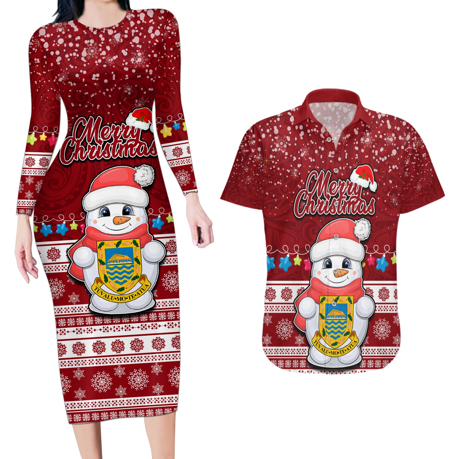 Tuvalu Christmas Couples Matching Long Sleeve Bodycon Dress and Hawaiian Shirt Snowman and Tuvalu Coat of Arms Maori Tribal Xmas Style LT03 Red - Polynesian Pride