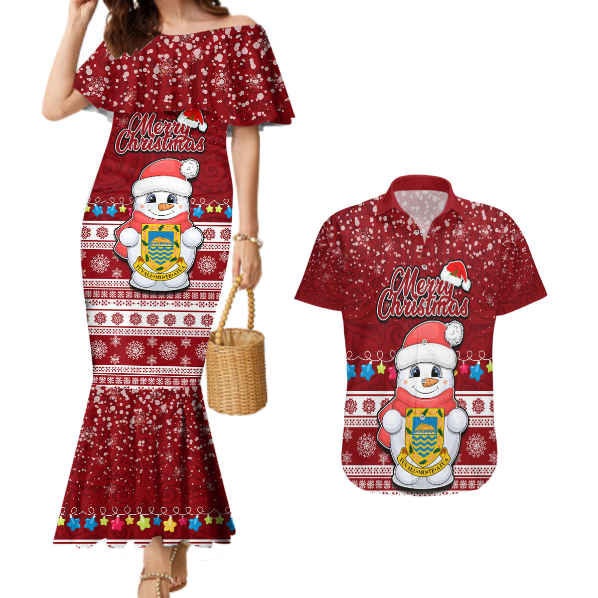 Tuvalu Christmas Couples Matching Mermaid Dress and Hawaiian Shirt Snowman and Tuvalu Coat of Arms Maori Tribal Xmas Style LT03 Red - Polynesian Pride