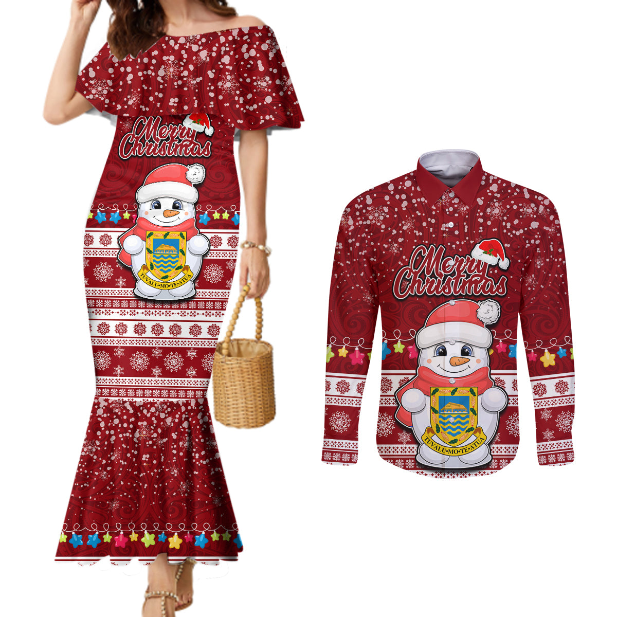 Tuvalu Christmas Couples Matching Mermaid Dress and Long Sleeve Button Shirt Snowman and Tuvalu Coat of Arms Maori Tribal Xmas Style LT03 Red - Polynesian Pride