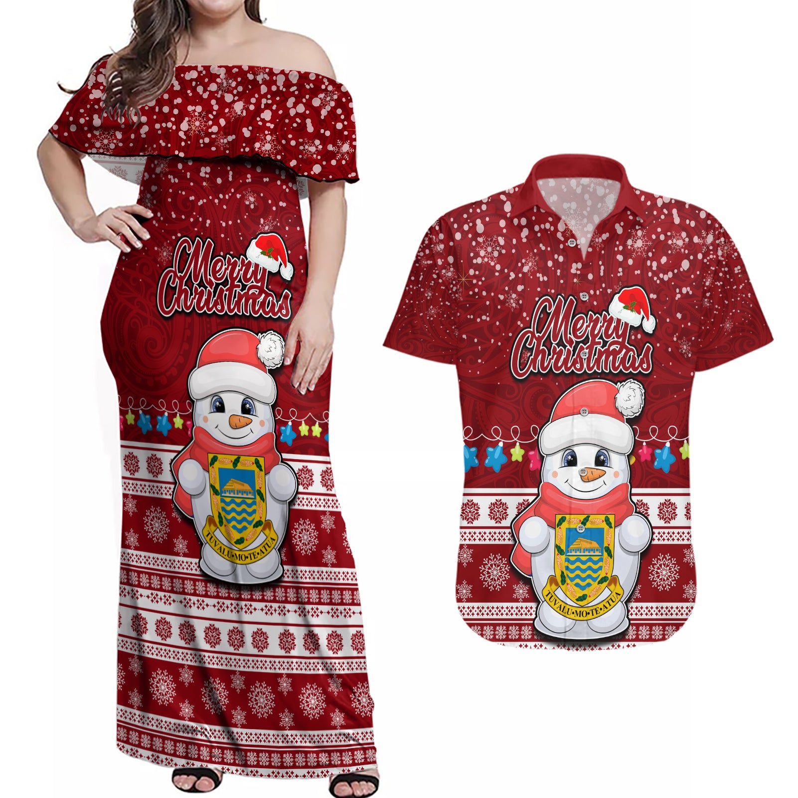 Tuvalu Christmas Couples Matching Off Shoulder Maxi Dress and Hawaiian Shirt Snowman and Tuvalu Coat of Arms Maori Tribal Xmas Style LT03 Red - Polynesian Pride