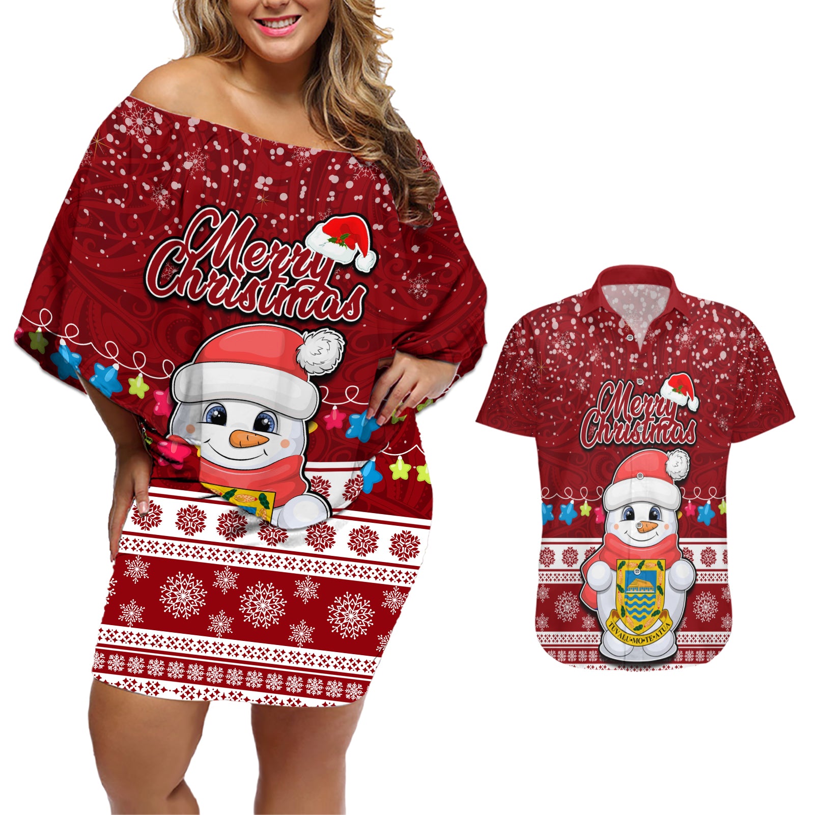 Tuvalu Christmas Couples Matching Off Shoulder Short Dress and Hawaiian Shirt Snowman and Tuvalu Coat of Arms Maori Tribal Xmas Style LT03 Red - Polynesian Pride