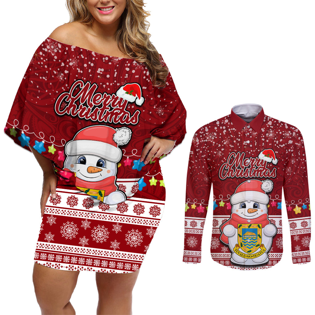 Tuvalu Christmas Couples Matching Off Shoulder Short Dress and Long Sleeve Button Shirt Snowman and Tuvalu Coat of Arms Maori Tribal Xmas Style LT03 Red - Polynesian Pride