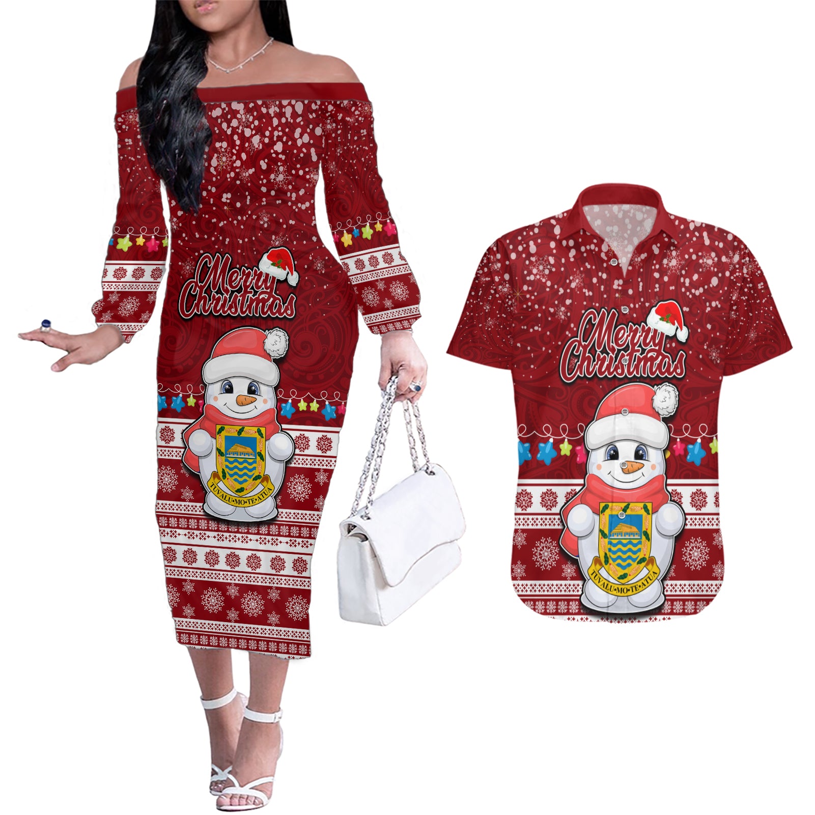 Tuvalu Christmas Couples Matching Off The Shoulder Long Sleeve Dress and Hawaiian Shirt Snowman and Tuvalu Coat of Arms Maori Tribal Xmas Style LT03 Red - Polynesian Pride