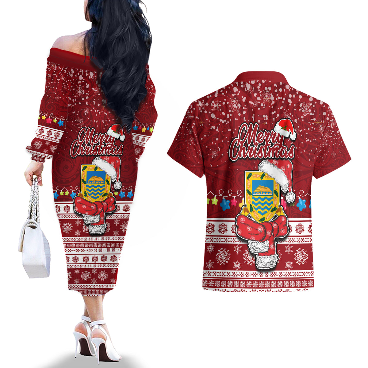 Tuvalu Christmas Couples Matching Off The Shoulder Long Sleeve Dress and Hawaiian Shirt Snowman and Tuvalu Coat of Arms Maori Tribal Xmas Style LT03 - Polynesian Pride