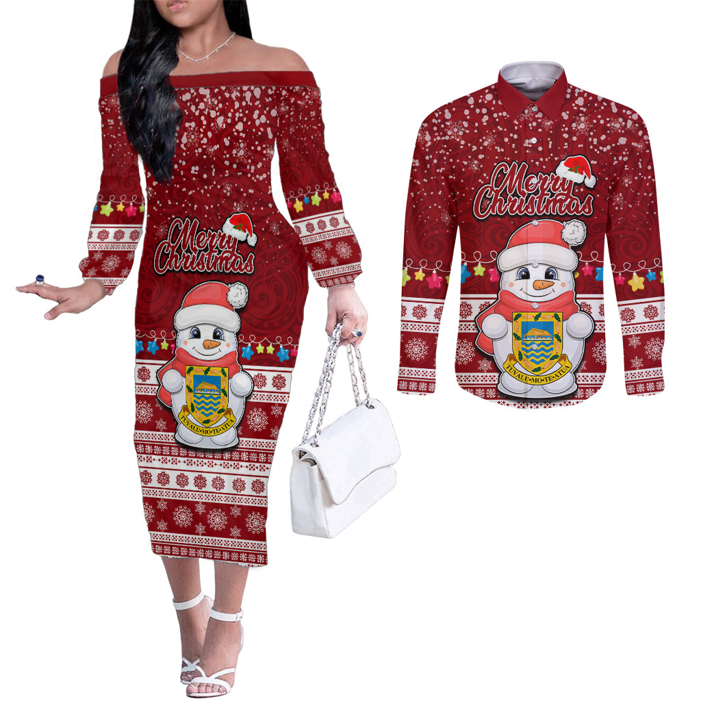 Tuvalu Christmas Couples Matching Off The Shoulder Long Sleeve Dress and Long Sleeve Button Shirt Snowman and Tuvalu Coat of Arms Maori Tribal Xmas Style LT03 Red - Polynesian Pride