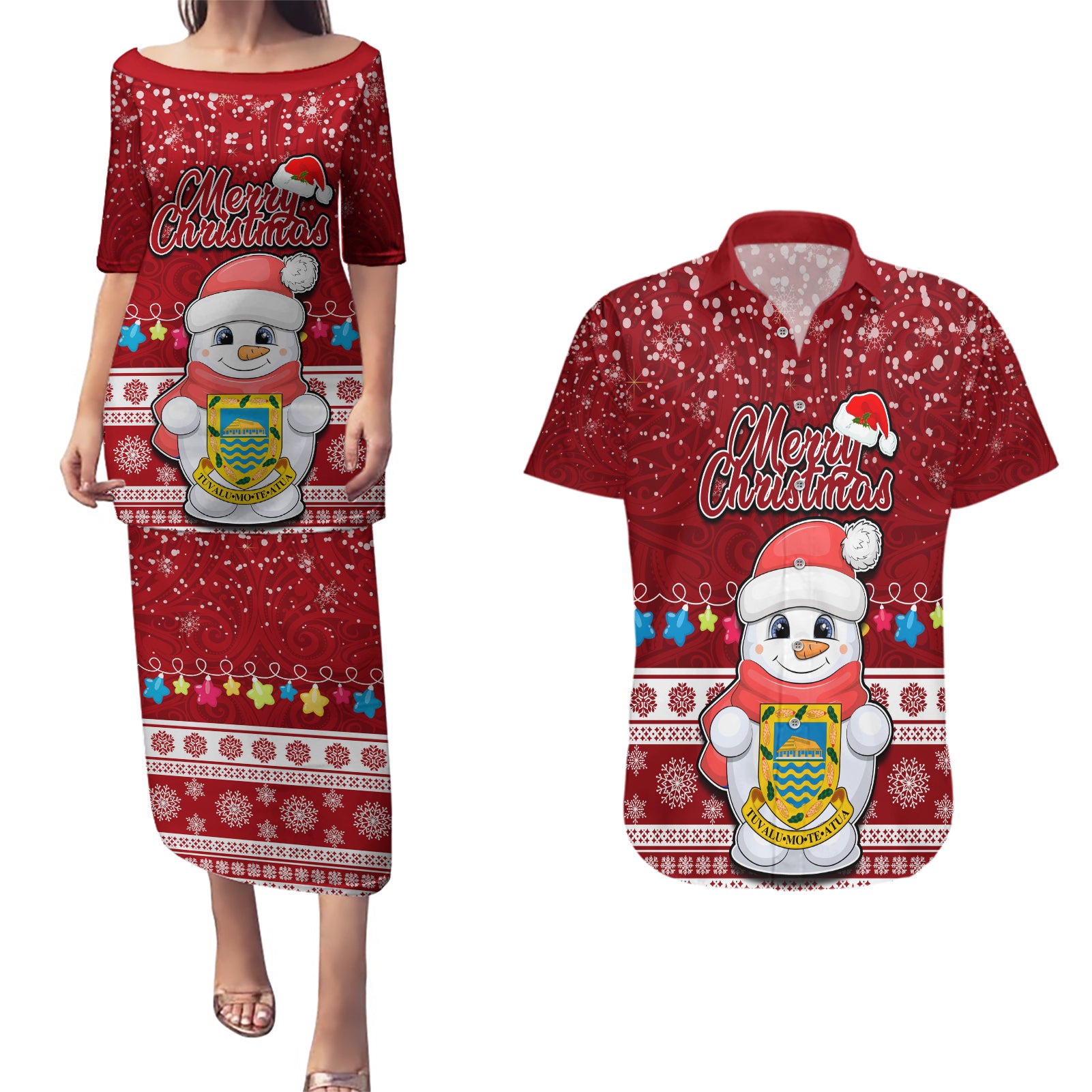 Tuvalu Christmas Couples Matching Puletasi Dress and Hawaiian Shirt Snowman and Tuvalu Coat of Arms Maori Tribal Xmas Style LT03 Red - Polynesian Pride