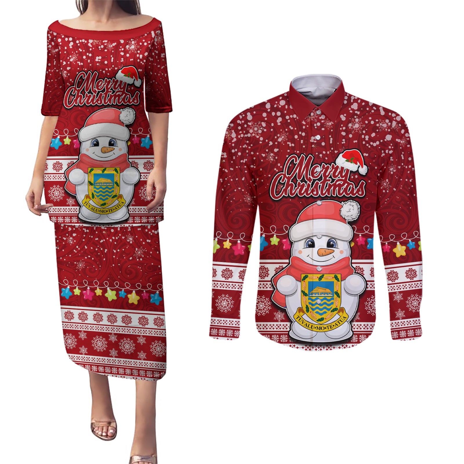 Tuvalu Christmas Couples Matching Puletasi Dress and Long Sleeve Button Shirt Snowman and Tuvalu Coat of Arms Maori Tribal Xmas Style LT03 Red - Polynesian Pride