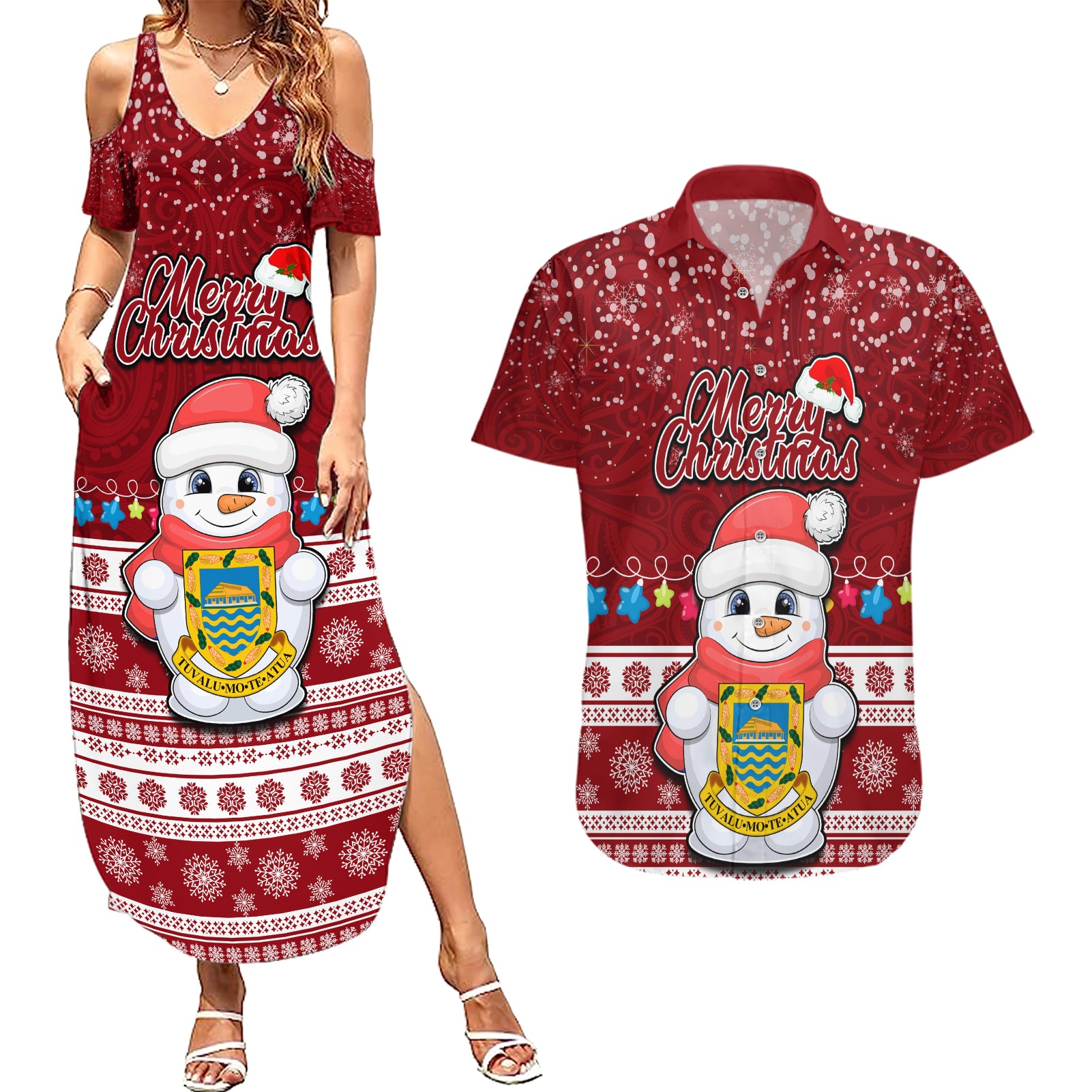 Tuvalu Christmas Couples Matching Summer Maxi Dress and Hawaiian Shirt Snowman and Tuvalu Coat of Arms Maori Tribal Xmas Style LT03 Red - Polynesian Pride