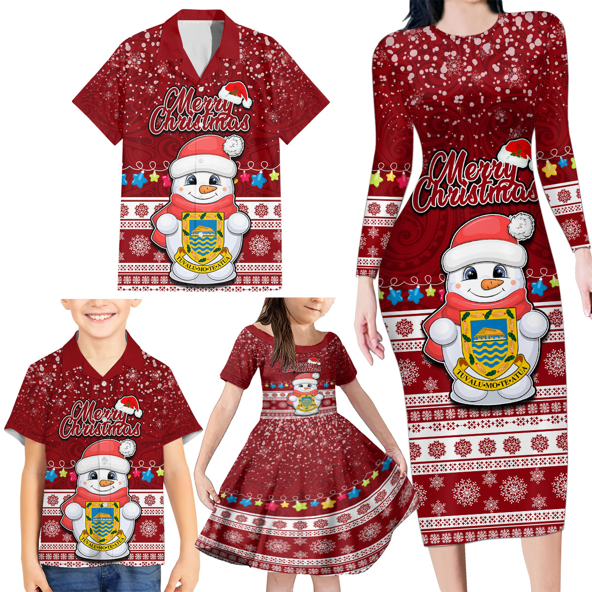 Tuvalu Christmas Family Matching Long Sleeve Bodycon Dress and Hawaiian Shirt Snowman and Tuvalu Coat of Arms Maori Tribal Xmas Style LT03 - Polynesian Pride