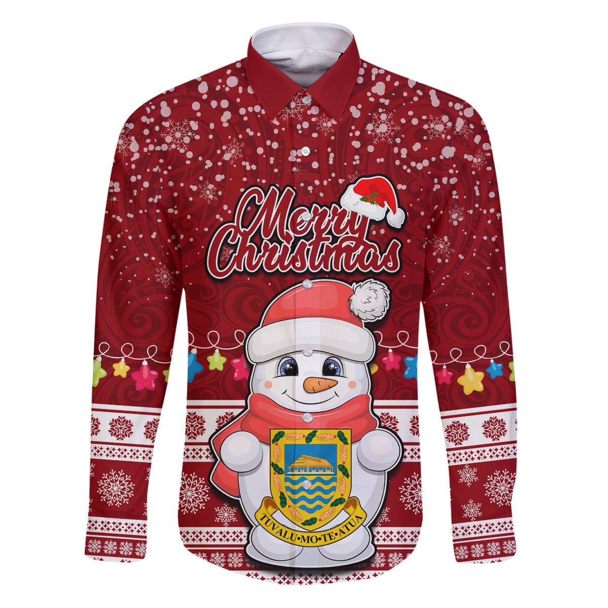Tuvalu Christmas Family Matching Puletasi Dress and Hawaiian Shirt Snowman and Tuvalu Coat of Arms Maori Tribal Xmas Style LT03 Dad's Shirt - Long Sleeve Red - Polynesian Pride