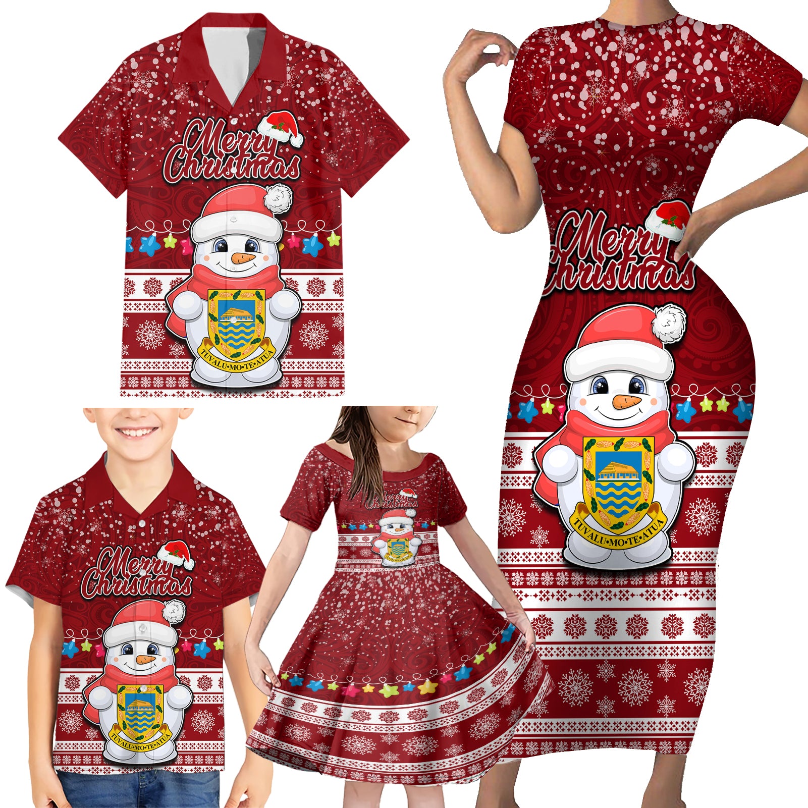 Tuvalu Christmas Family Matching Short Sleeve Bodycon Dress and Hawaiian Shirt Snowman and Tuvalu Coat of Arms Maori Tribal Xmas Style LT03 - Polynesian Pride