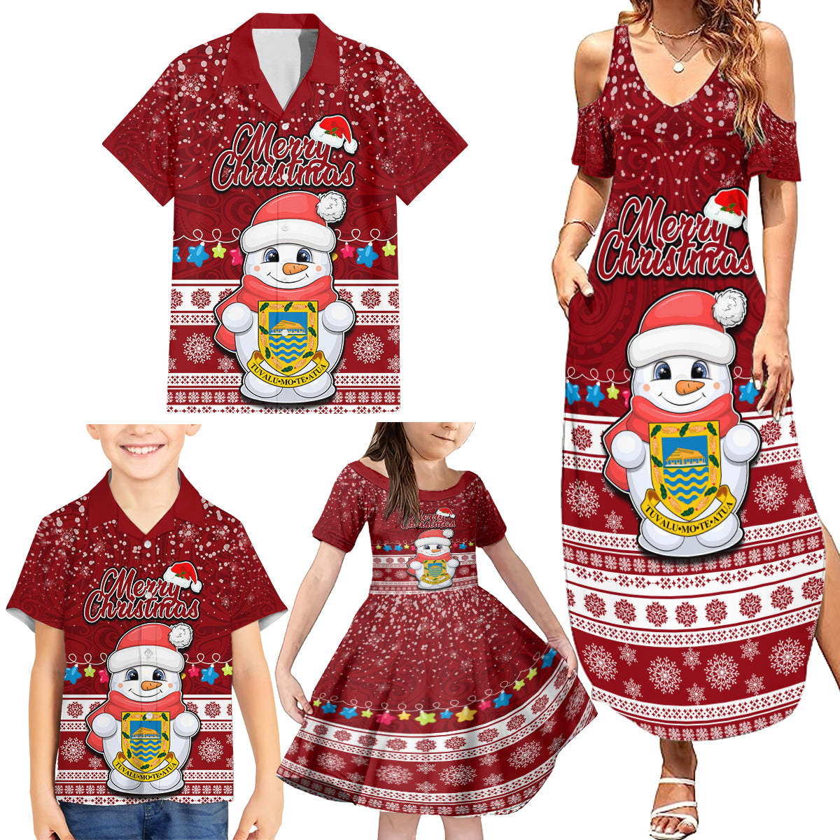 Tuvalu Christmas Family Matching Summer Maxi Dress and Hawaiian Shirt Snowman and Tuvalu Coat of Arms Maori Tribal Xmas Style LT03 - Polynesian Pride