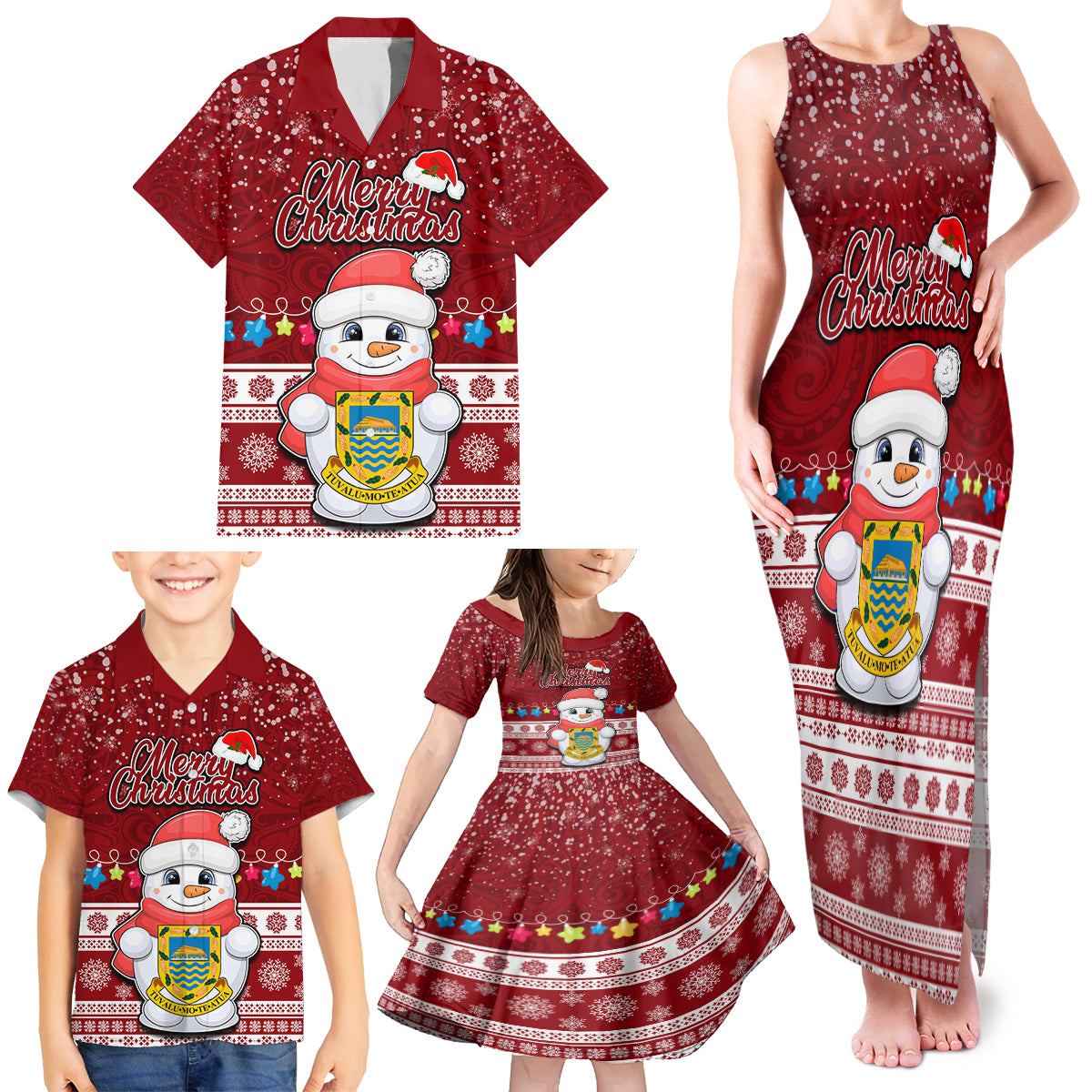 Tuvalu Christmas Family Matching Tank Maxi Dress and Hawaiian Shirt Snowman and Tuvalu Coat of Arms Maori Tribal Xmas Style LT03 - Polynesian Pride