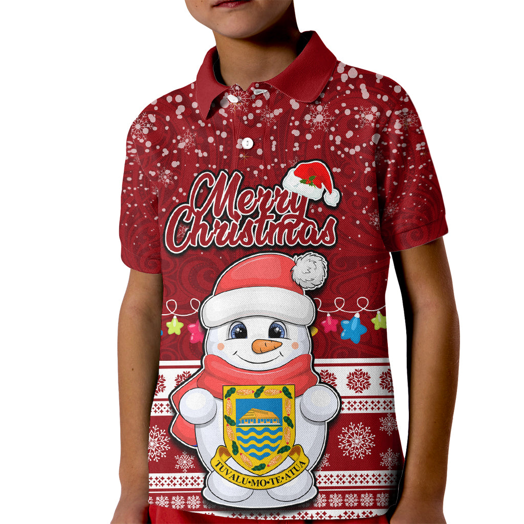 Tuvalu Christmas Kid Polo Shirt Snowman and Tuvalu Coat of Arms Maori Tribal Xmas Style LT03 Kid Red - Polynesian Pride