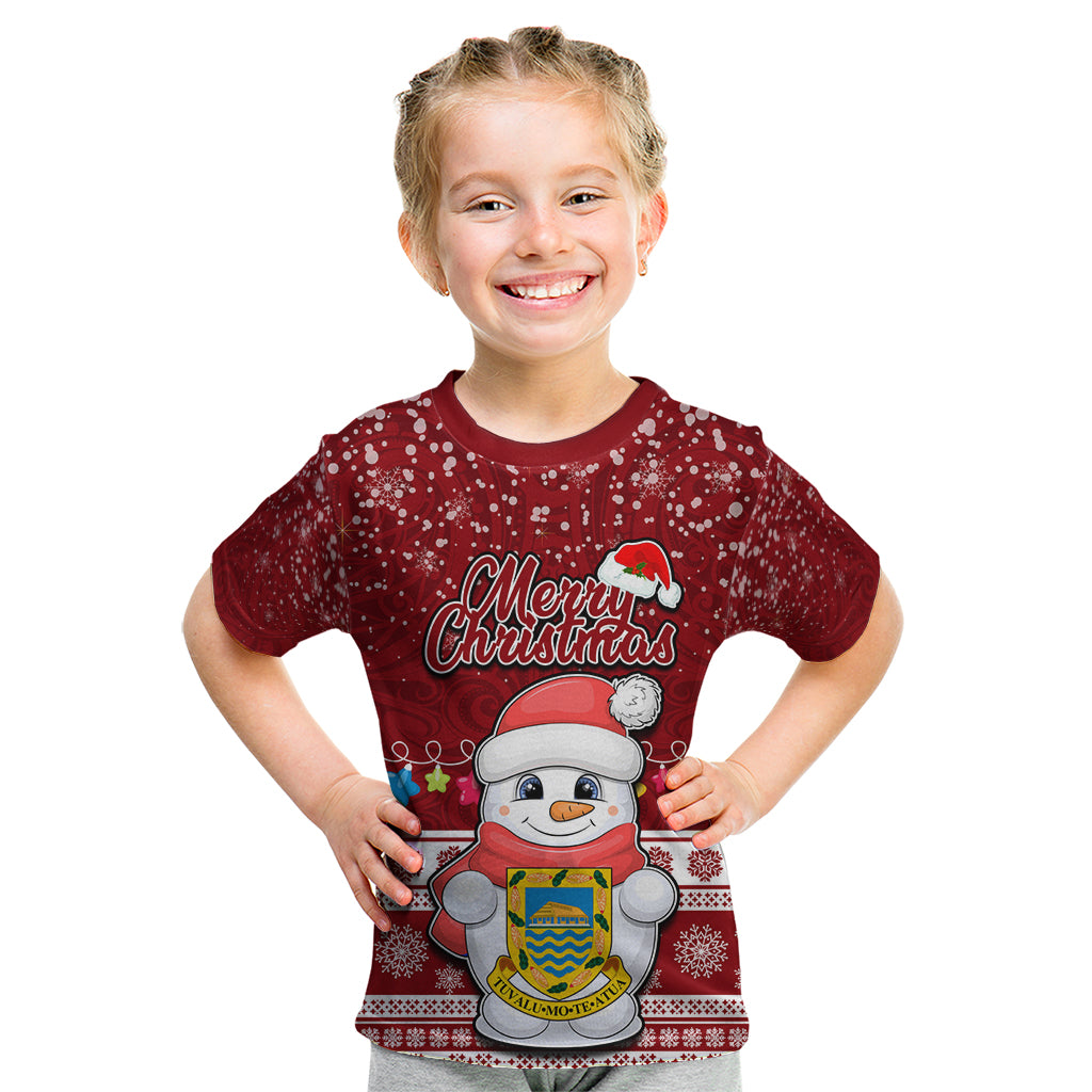 Tuvalu Christmas Kid T Shirt Snowman and Tuvalu Coat of Arms Maori Tribal Xmas Style LT03 Red - Polynesian Pride