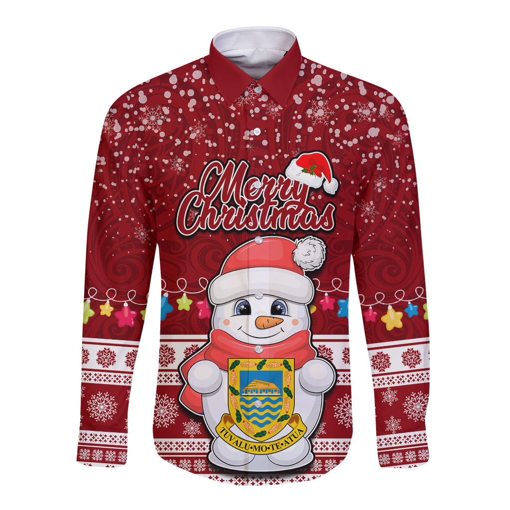 Tuvalu Christmas Long Sleeve Button Shirt Snowman and Tuvalu Coat of Arms Maori Tribal Xmas Style LT03 Unisex Red - Polynesian Pride