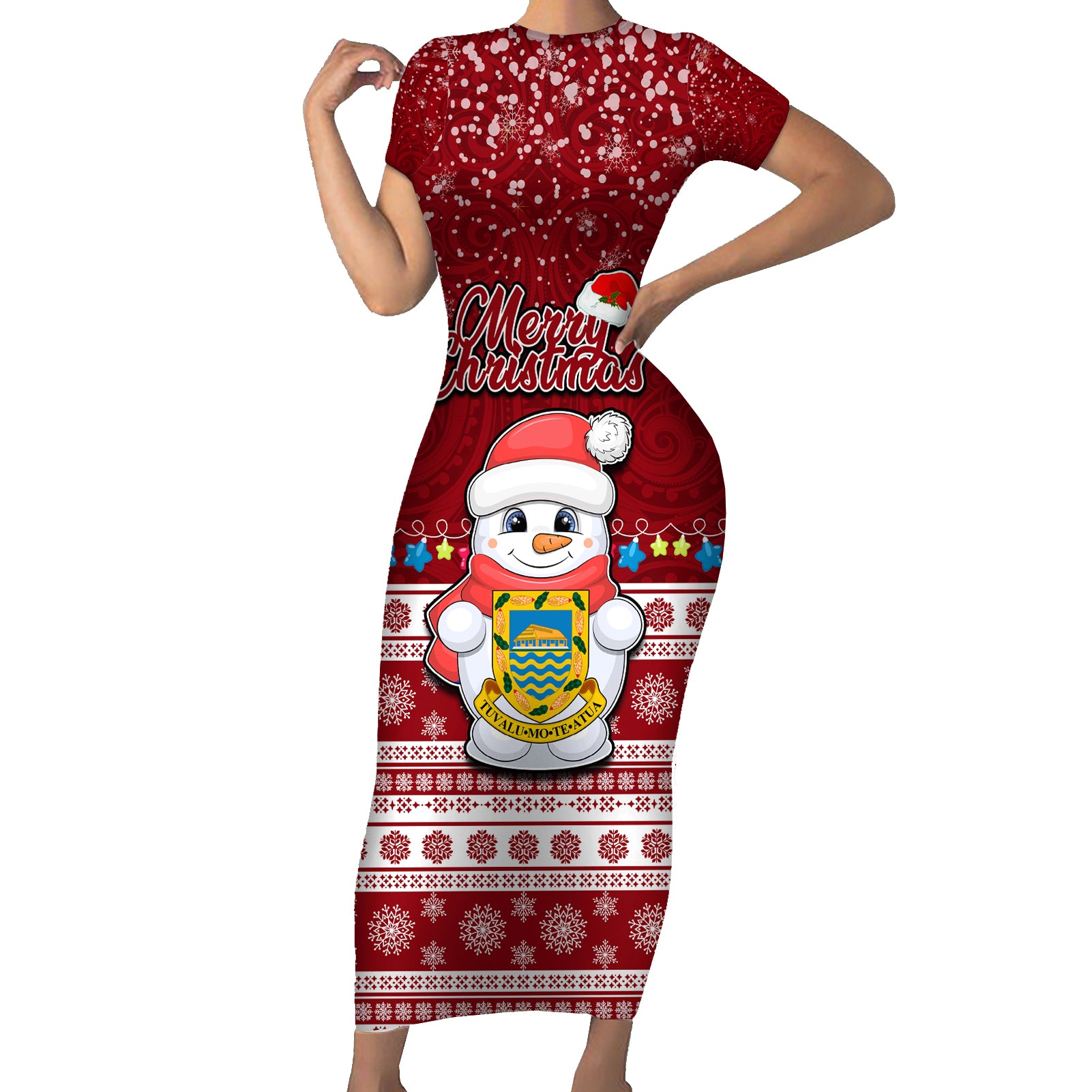 Tuvalu Christmas Short Sleeve Bodycon Dress Snowman and Tuvalu Coat of Arms Maori Tribal Xmas Style LT03 Long Dress Red - Polynesian Pride