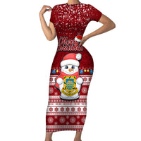 Tuvalu Christmas Short Sleeve Bodycon Dress Snowman and Tuvalu Coat of Arms Maori Tribal Xmas Style LT03 Long Dress Red - Polynesian Pride