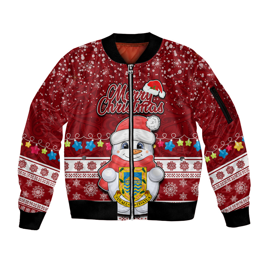 Tuvalu Christmas Sleeve Zip Bomber Jacket Snowman and Tuvalu Coat of Arms Maori Tribal Xmas Style LT03 Unisex Red - Polynesian Pride