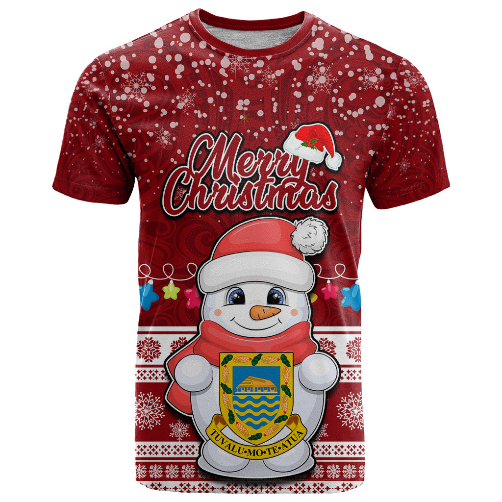 Tuvalu Christmas T Shirt Snowman and Tuvalu Coat of Arms Maori Tribal Xmas Style LT03 Red - Polynesian Pride