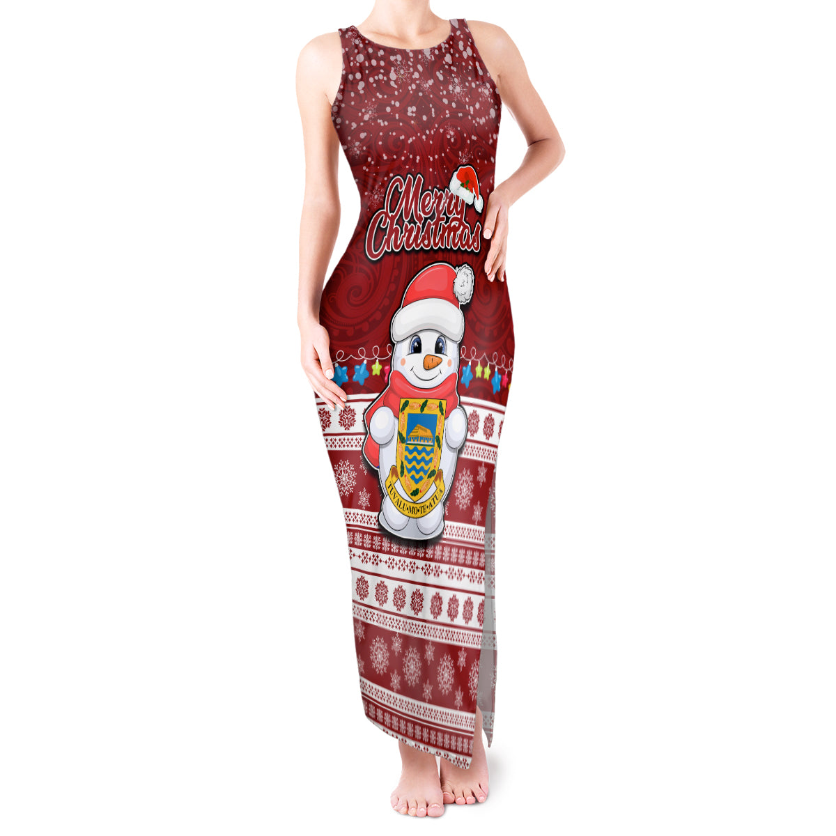 Tuvalu Christmas Tank Maxi Dress Snowman and Tuvalu Coat of Arms Maori Tribal Xmas Style LT03 Women Red - Polynesian Pride