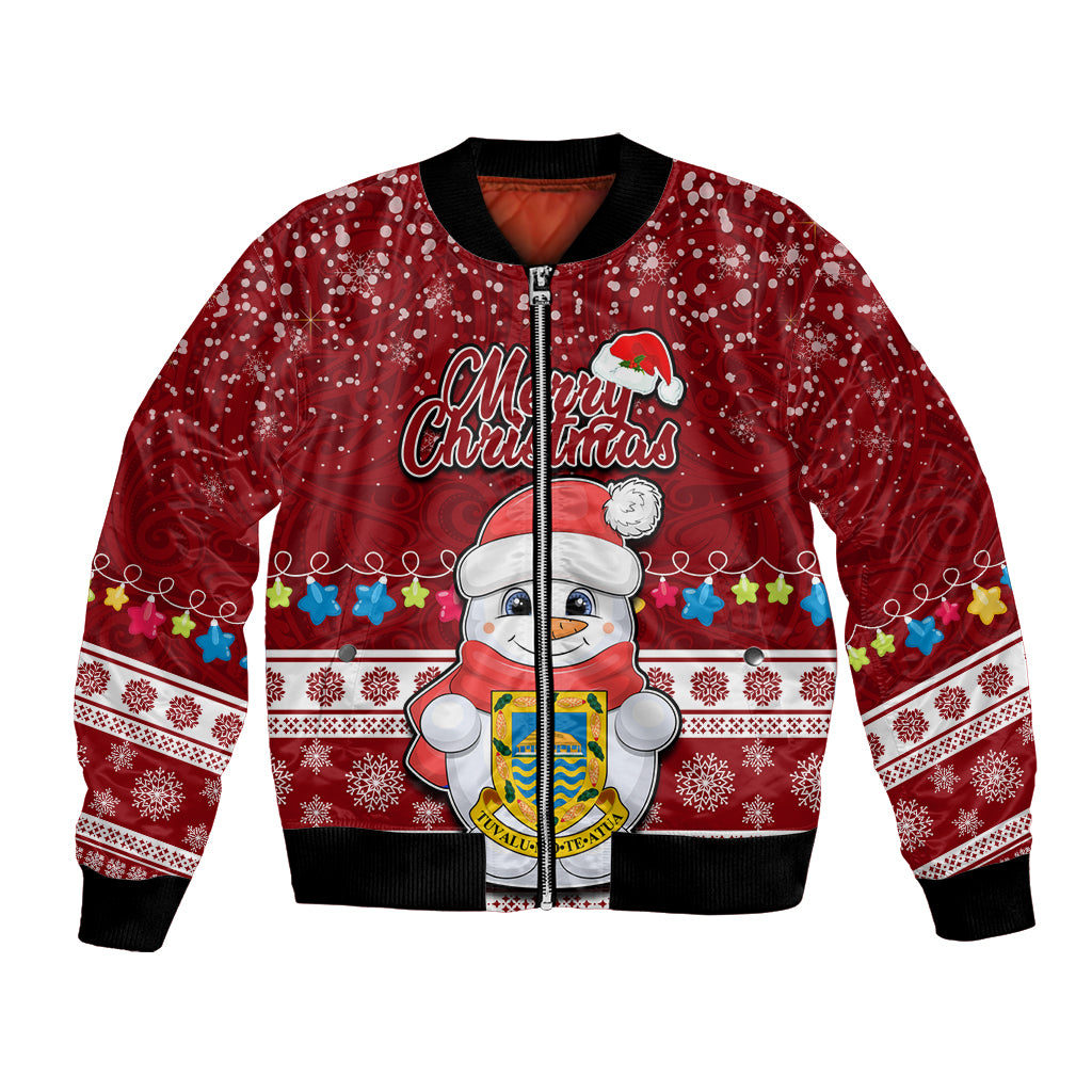 Personalised Tuvalu Christmas Bomber Jacket Snowman and Tuvalu Coat of Arms Maori Tribal Xmas Style LT03 Unisex Red - Polynesian Pride