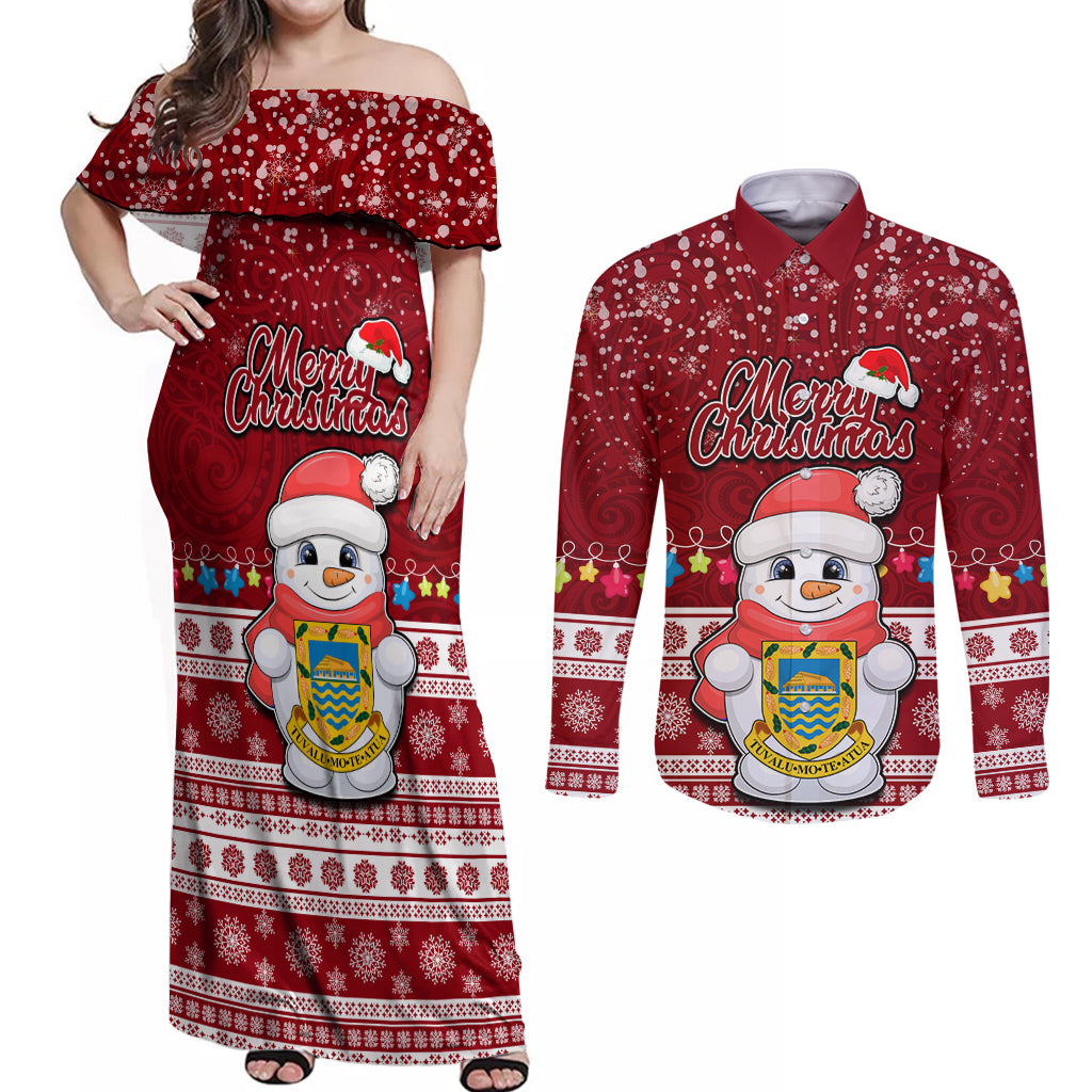 Personalised Tuvalu Christmas Couples Matching Off Shoulder Maxi Dress and Long Sleeve Button Shirt Snowman and Tuvalu Coat of Arms Maori Tribal Xmas Style LT03 Red - Polynesian Pride