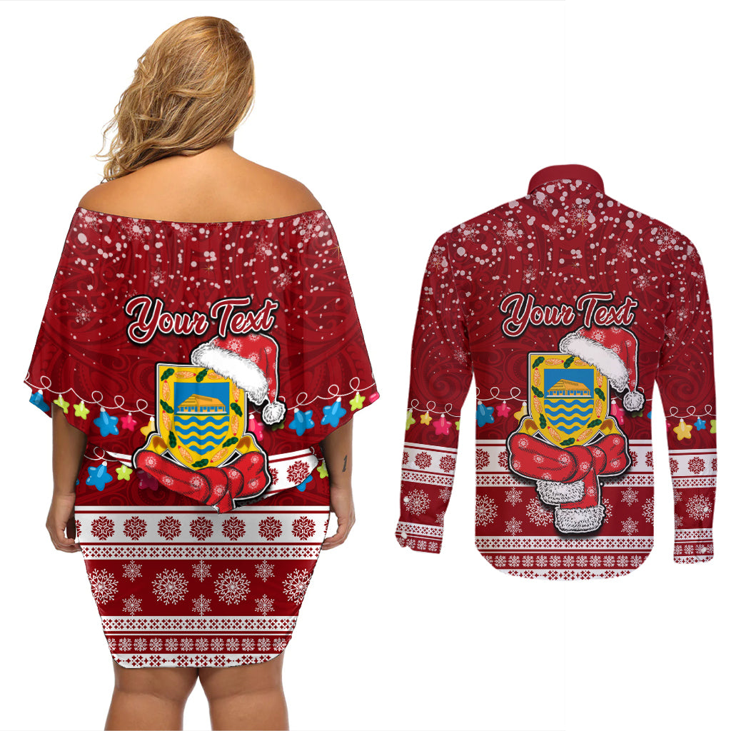Personalised Tuvalu Christmas Couples Matching Off Shoulder Short Dress and Long Sleeve Button Shirt Snowman and Tuvalu Coat of Arms Maori Tribal Xmas Style LT03 - Polynesian Pride