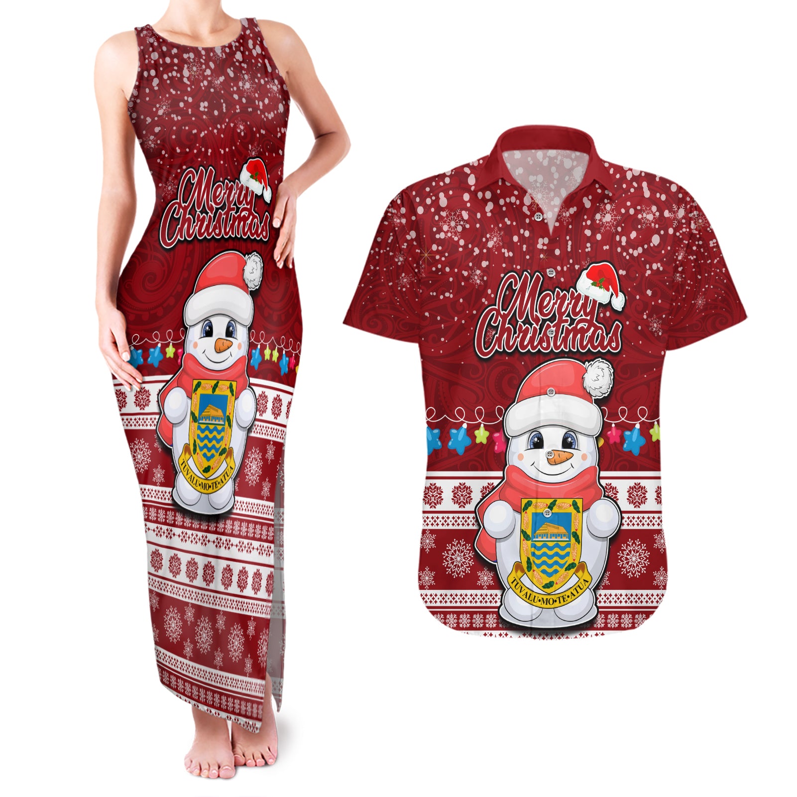 Personalised Tuvalu Christmas Couples Matching Tank Maxi Dress and Hawaiian Shirt Snowman and Tuvalu Coat of Arms Maori Tribal Xmas Style LT03 Red - Polynesian Pride